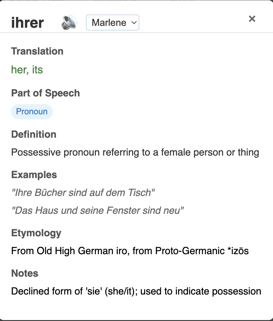 Dictionary modal showing detailed analysis of German possessive pronoun with grammatical context