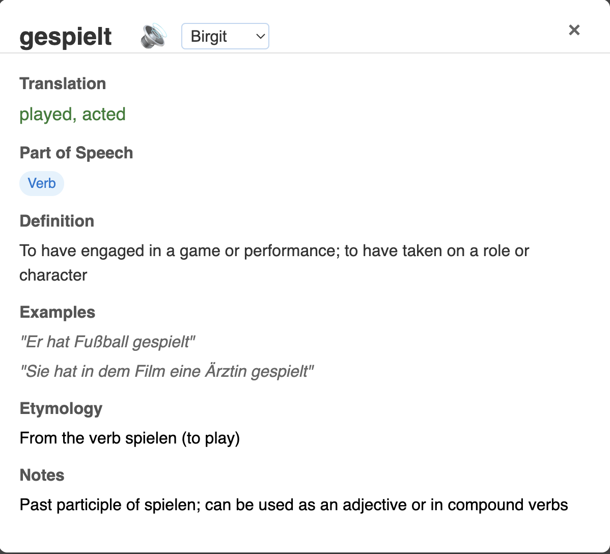 Dictionary modal showing analysis of German past participle with morphological explanation