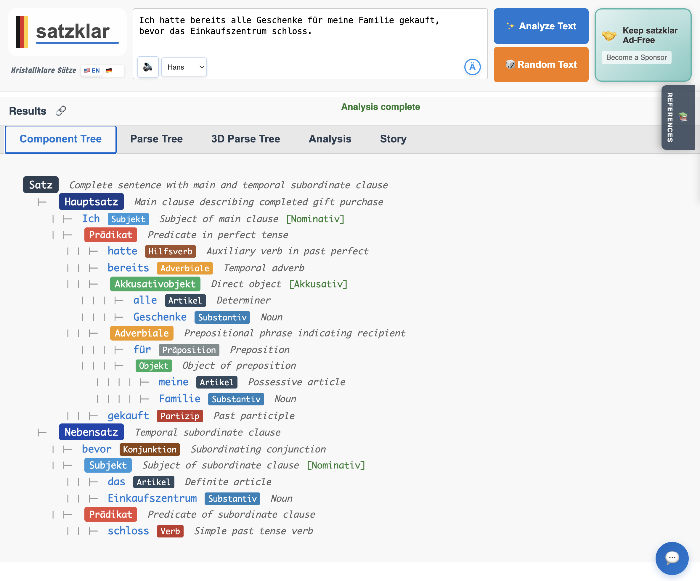 satzklar interface showing component tree analysis of a complex German sentence with past perfect tense and temporal subordinate clause