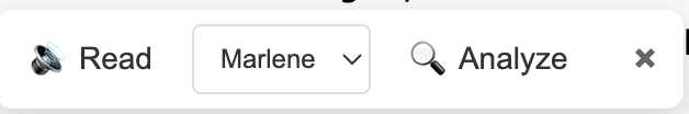 Story sentence selection popup with Read button, voice picker, and Analyze option
