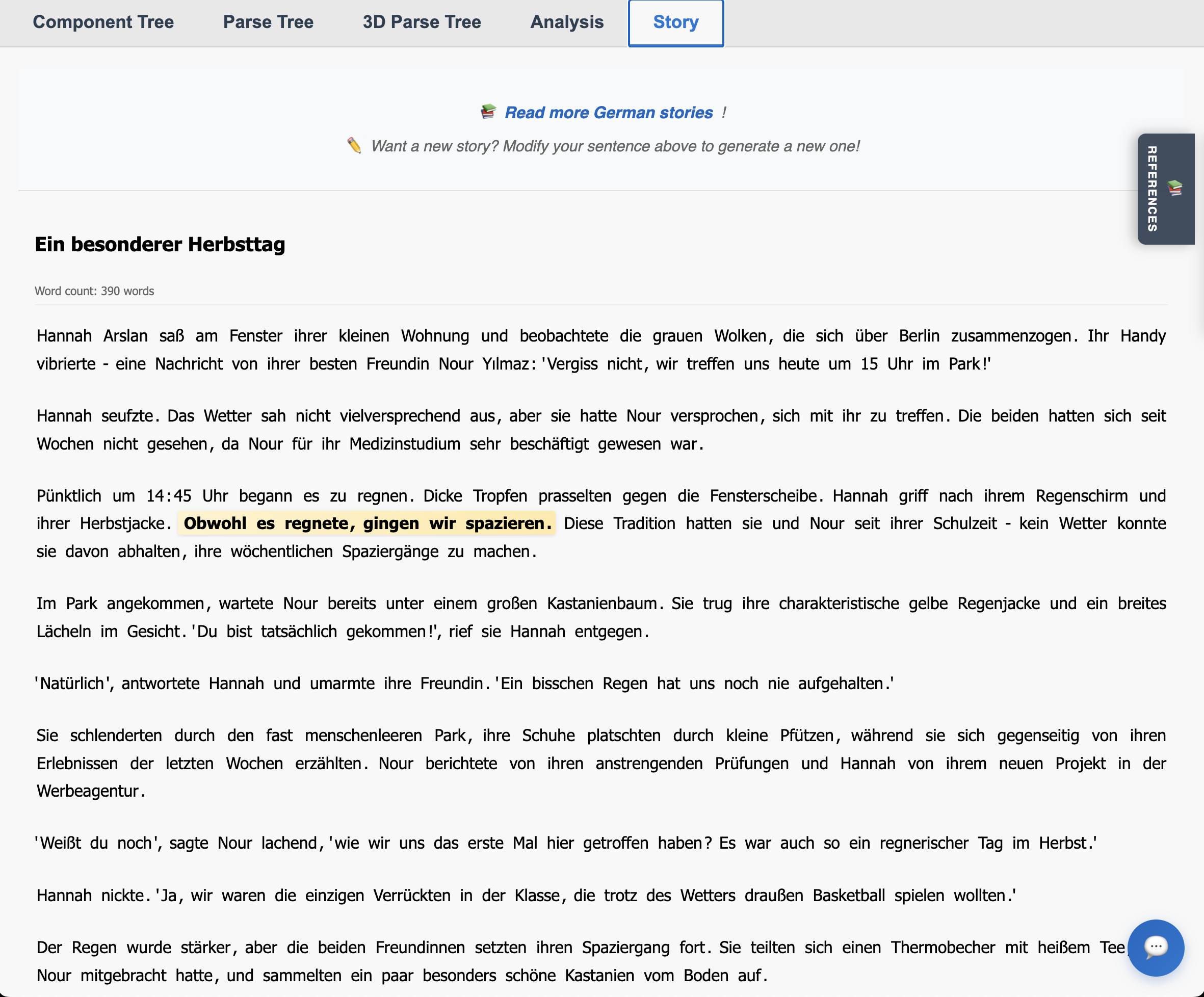 Story generation interface showing AI-created German narrative that incorporates grammatical patterns from analyzed sentence